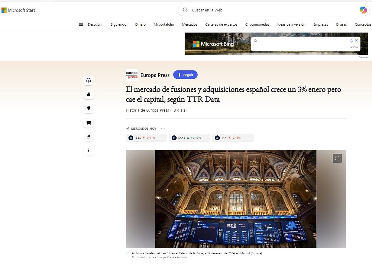 El mercado de fusiones y adquisiciones espaol crece un 3% enero pero cae el capital, segn TTR Data